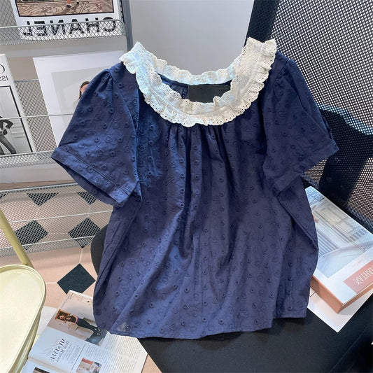 Japanese retro style color-blocked lace collar babydoll top, unisex summer youthful petite puff sleeve shirt