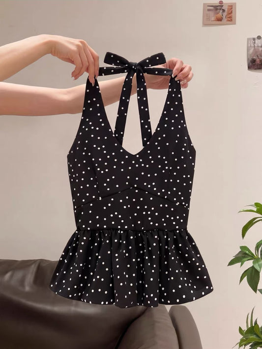 Korean-style polka dot V-neck halter top for women, beautiful, unique, and elegant summer style.
