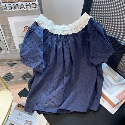 Japanese retro style color-blocked lace collar babydoll top, unisex summer youthful petite puff sleeve shirt