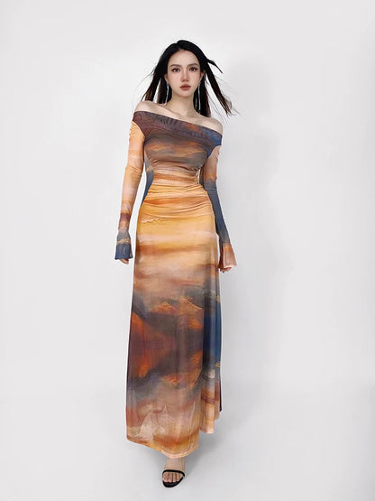 GRACE sunset tie-dye print dress for women, one-shoulder swing collar, temperament, slimming, holiday long dress