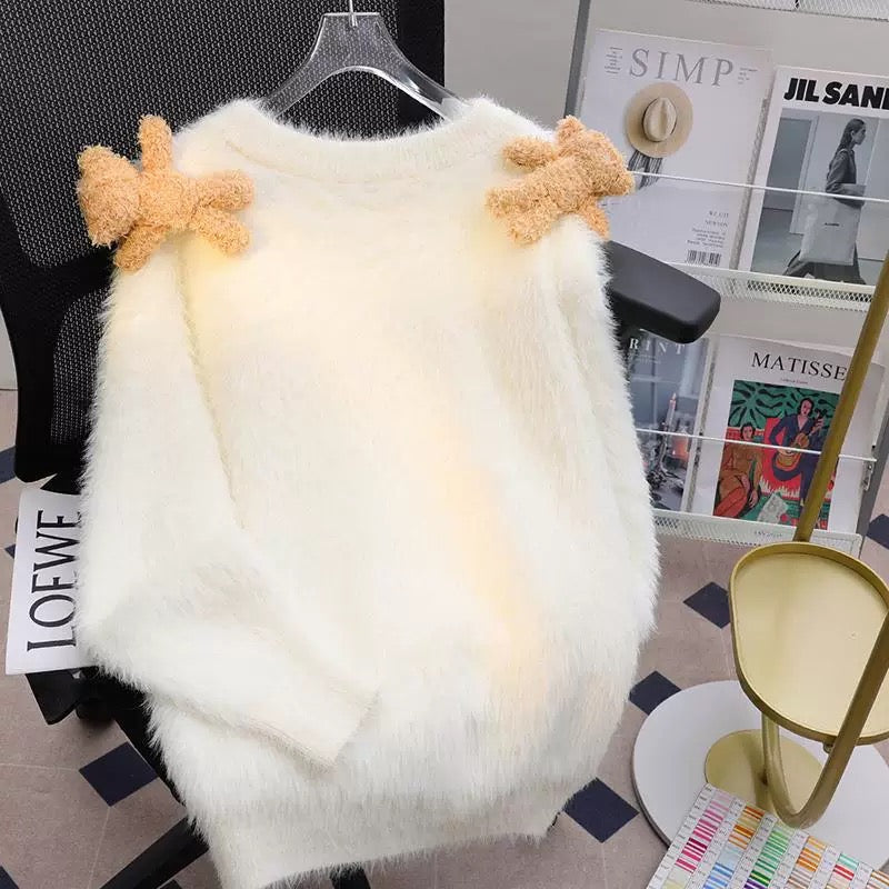 White 3D Bear Top, 2024 Winter New Knitted Cardigan, Loose and Lazy Style, Thick Sweater for Women, Autumn and Winter