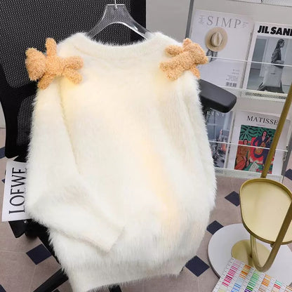 White 3D Bear Top, 2024 Winter New Knitted Cardigan, Loose and Lazy Style, Thick Sweater for Women, Autumn and Winter