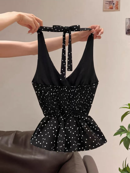 Korean-style polka dot V-neck halter top for women, beautiful, unique, and elegant summer style.