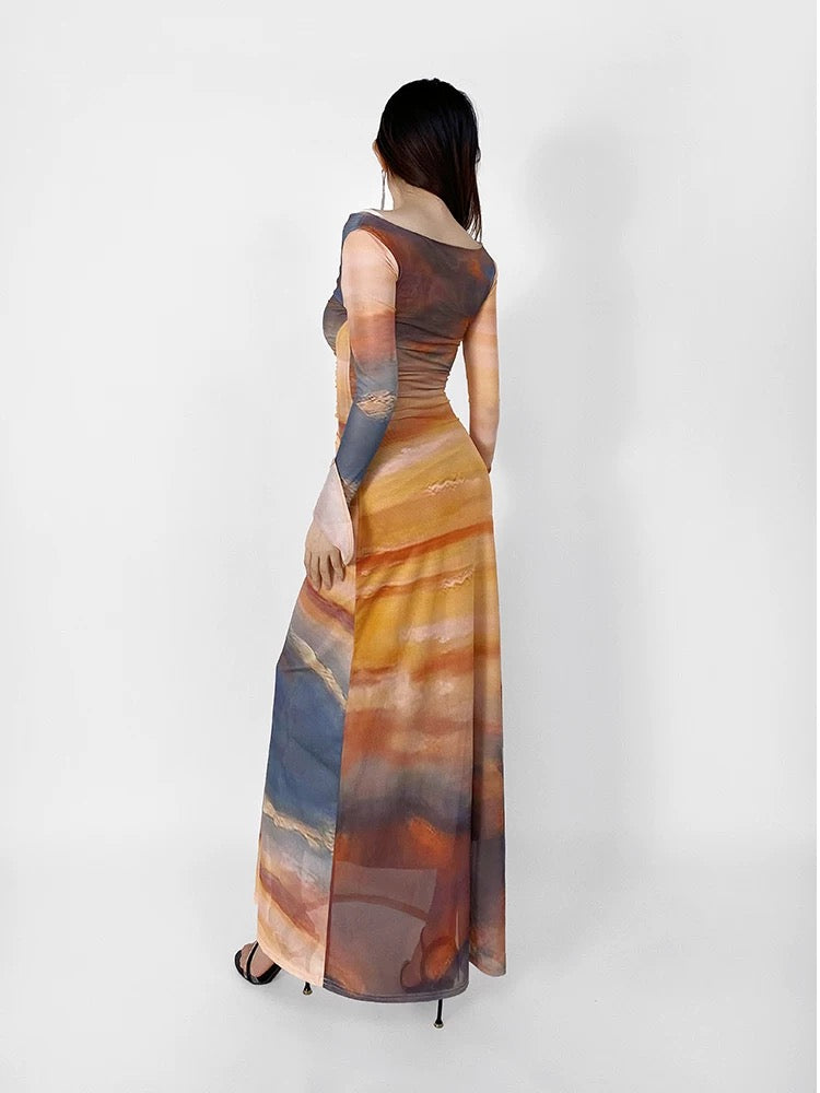 GRACE sunset tie-dye print dress for women, one-shoulder swing collar, temperament, slimming, holiday long dress