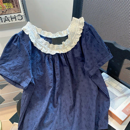 Japanese retro style color-blocked lace collar babydoll top, unisex summer youthful petite puff sleeve shirt