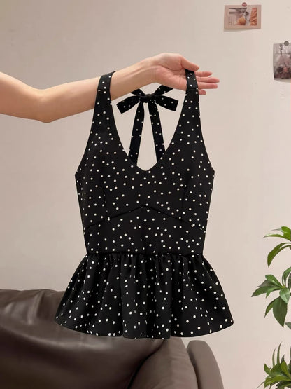 Korean-style polka dot V-neck halter top for women, beautiful, unique, and elegant summer style.