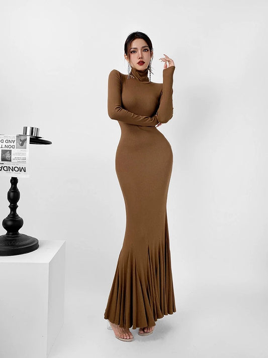 GRACE Bubu Shenglian Fishtail Skirt Spring and Autumn Bottoming Pure Desire Style Pile Collar Long Sleeve Dress