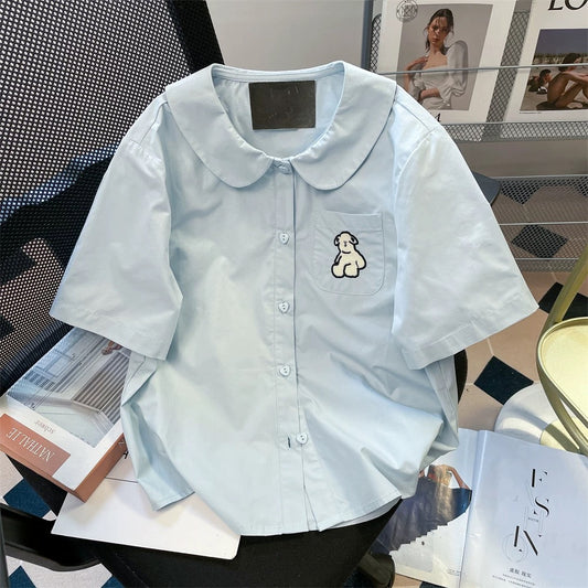 Vintage cute puppy embroidered short-sleeved blue shirt, unisex, summer American preppy style, cropped shoulder top.
