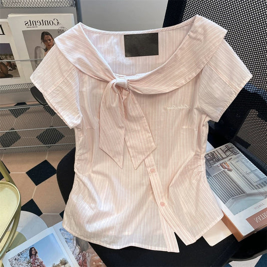 Unique design with a bow tie, off-the-shoulder neckline, short-sleeved shirt, unisex, sweet pink striped fitted top for summer.