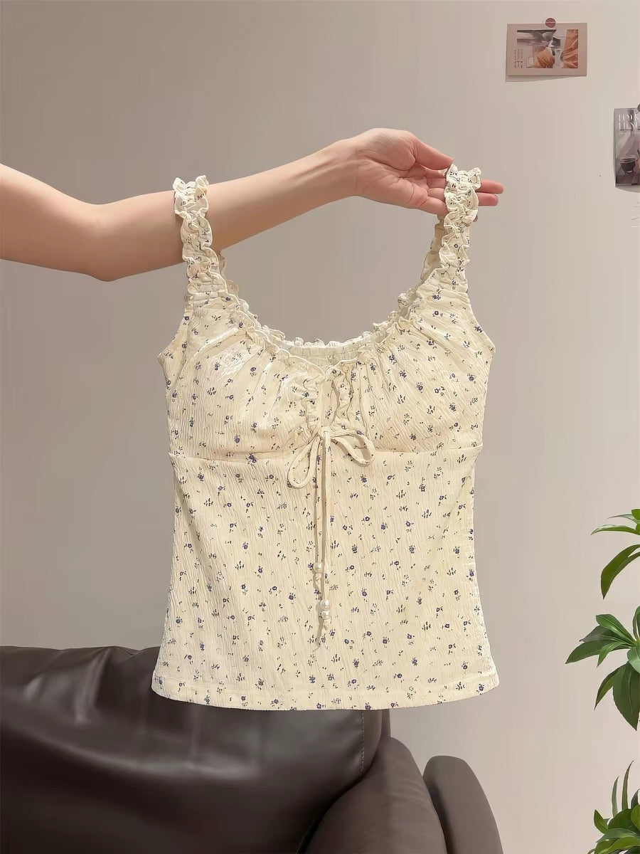 French sweet petite floral print halter top for women, summer style, with padded bra, ruffled trim, slim fit and waist-cinching design.