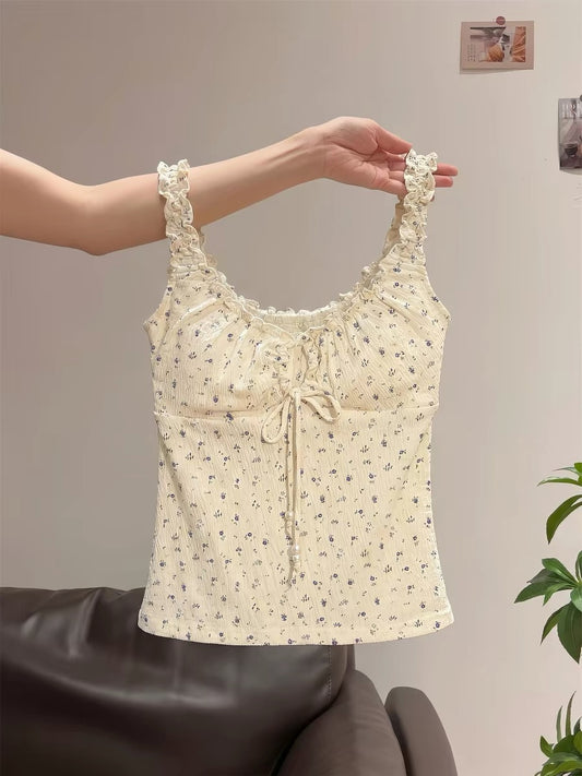 French sweet petite floral print halter top for women, summer style, with padded bra, ruffled trim, slim fit and waist-cinching design.