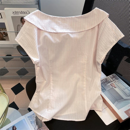 Unique design with a bow tie, off-the-shoulder neckline, short-sleeved shirt, unisex, sweet pink striped fitted top for summer.