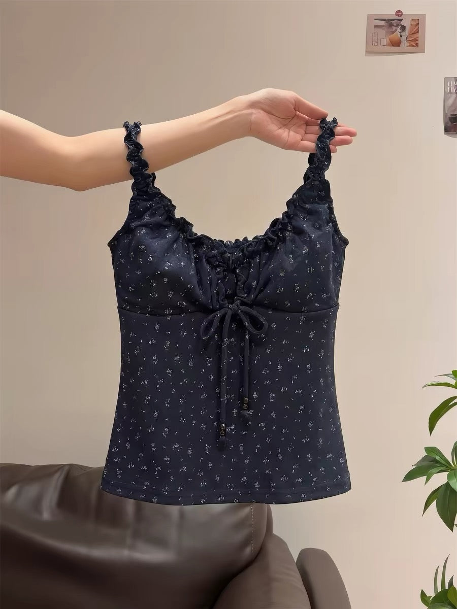 French sweet petite floral print halter top for women, summer style, with padded bra, ruffled trim, slim fit and waist-cinching design.