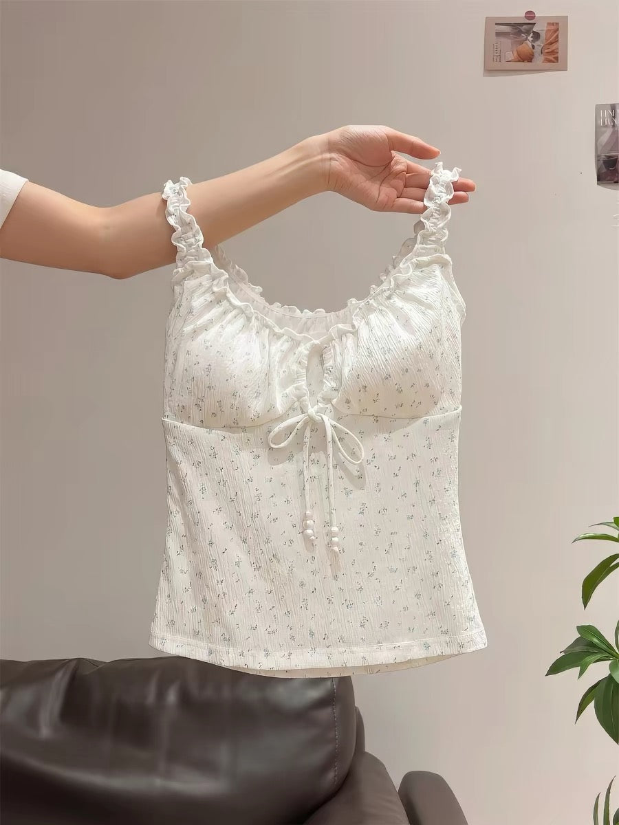 French sweet petite floral print halter top for women, summer style, with padded bra, ruffled trim, slim fit and waist-cinching design.