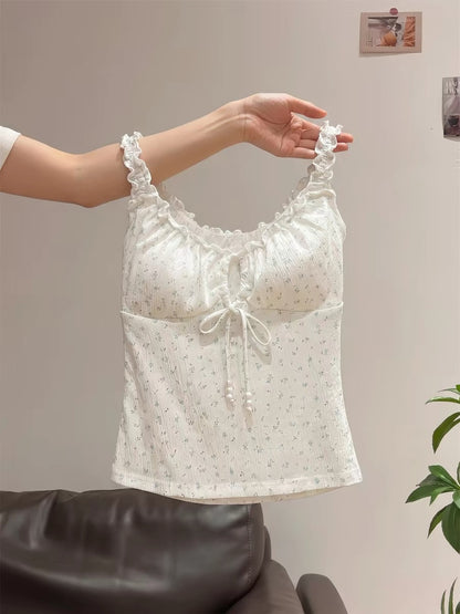 French sweet petite floral print halter top for women, summer style, with padded bra, ruffled trim, slim fit and waist-cinching design.