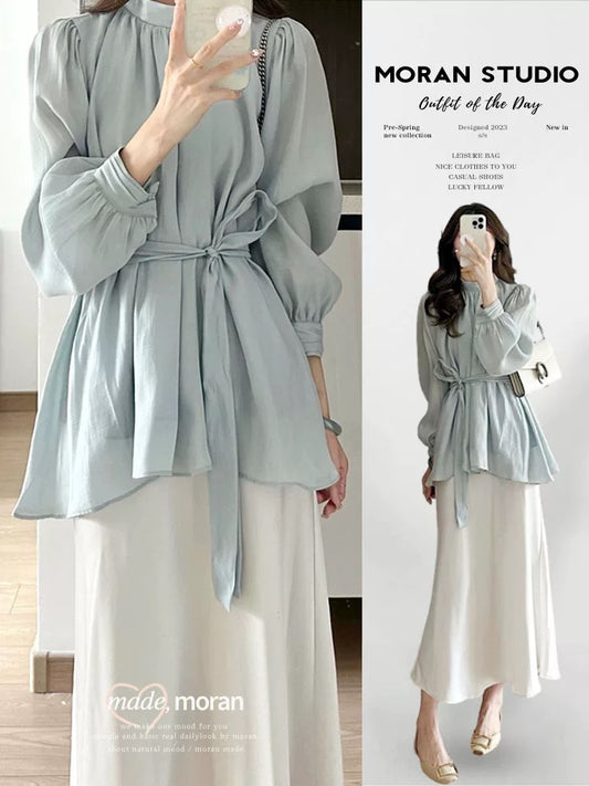 High-end small dress two-piece suit, tea-style temperament, salt-style light mature style shirt, top, half-length skirt, spring
