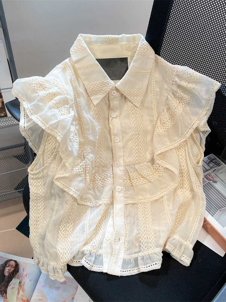 French-style, elegant,-inspired, openwork short-sleeved shirt, unisex, summer style, niche, high-end, exquisitely beautiful flutter sleeve top.