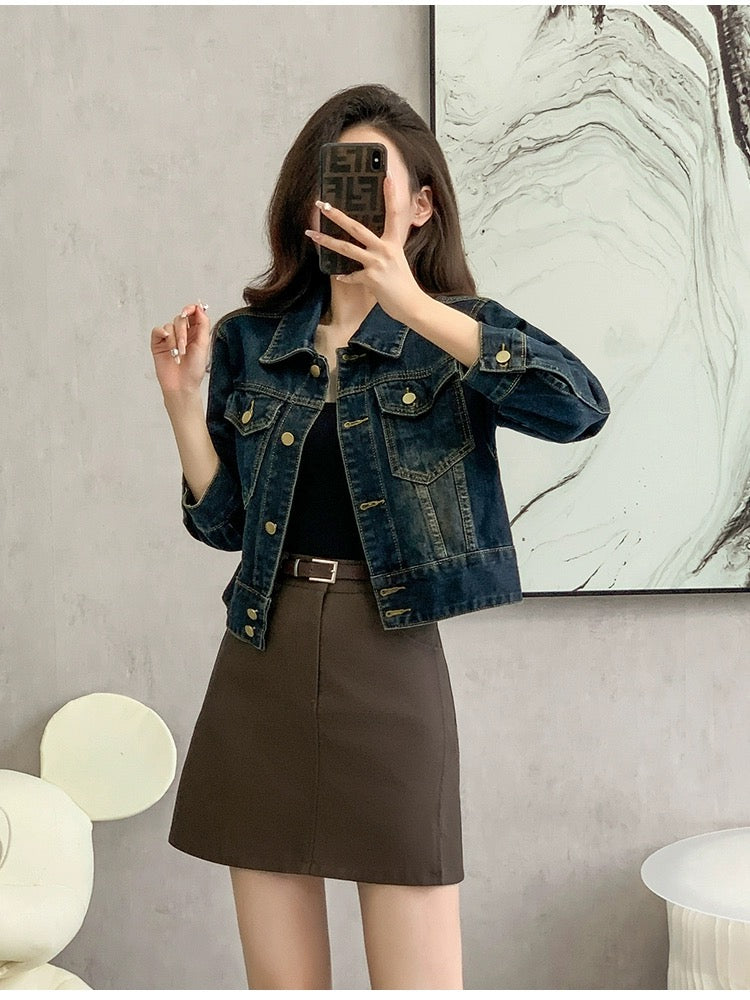 High-waisted short denim jacket for women 2024 spring new Korean style loose and versatile casual top for small women