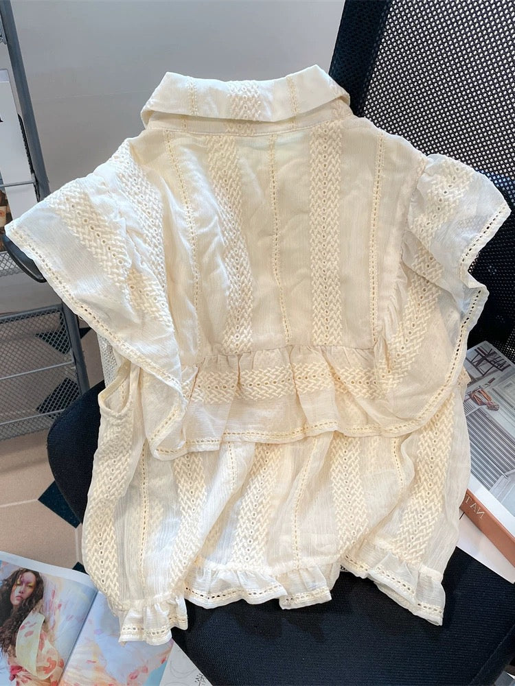 French-style, elegant,-inspired, openwork short-sleeved shirt, unisex, summer style, niche, high-end, exquisitely beautiful flutter sleeve top.