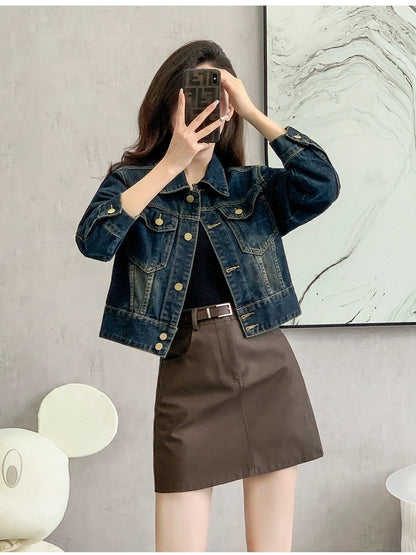 High-waisted short denim jacket for women 2024 spring new Korean style loose and versatile casual top for small women