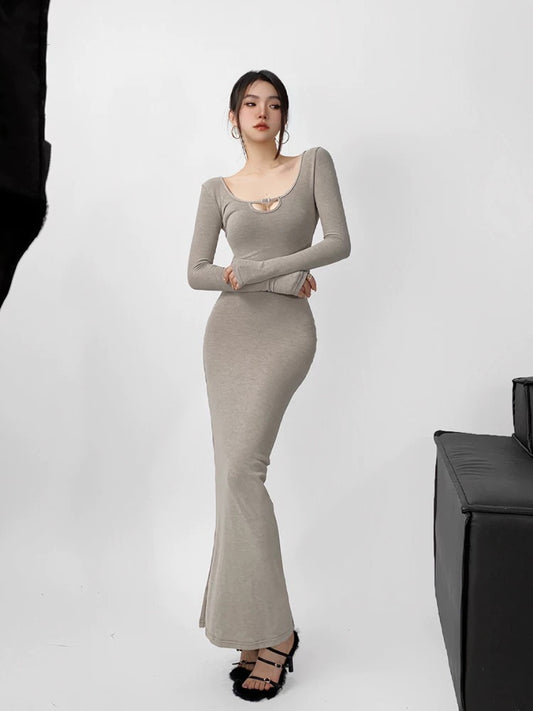 GRACE spring and autumn new brushed hollow square diamond dress women's loose high elastic long-sleeved bottoming hip long skirt