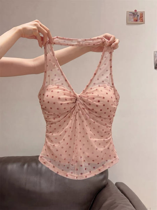 Pink Spicy Halter Neck Polka Dot Twist Camisole Women's Summer American Style Niche Design Sleeveless Short Top