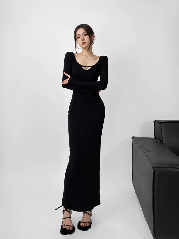 GRACE spring and autumn new brushed hollow square diamond dress women's loose high elastic long-sleeved bottoming hip long skirt