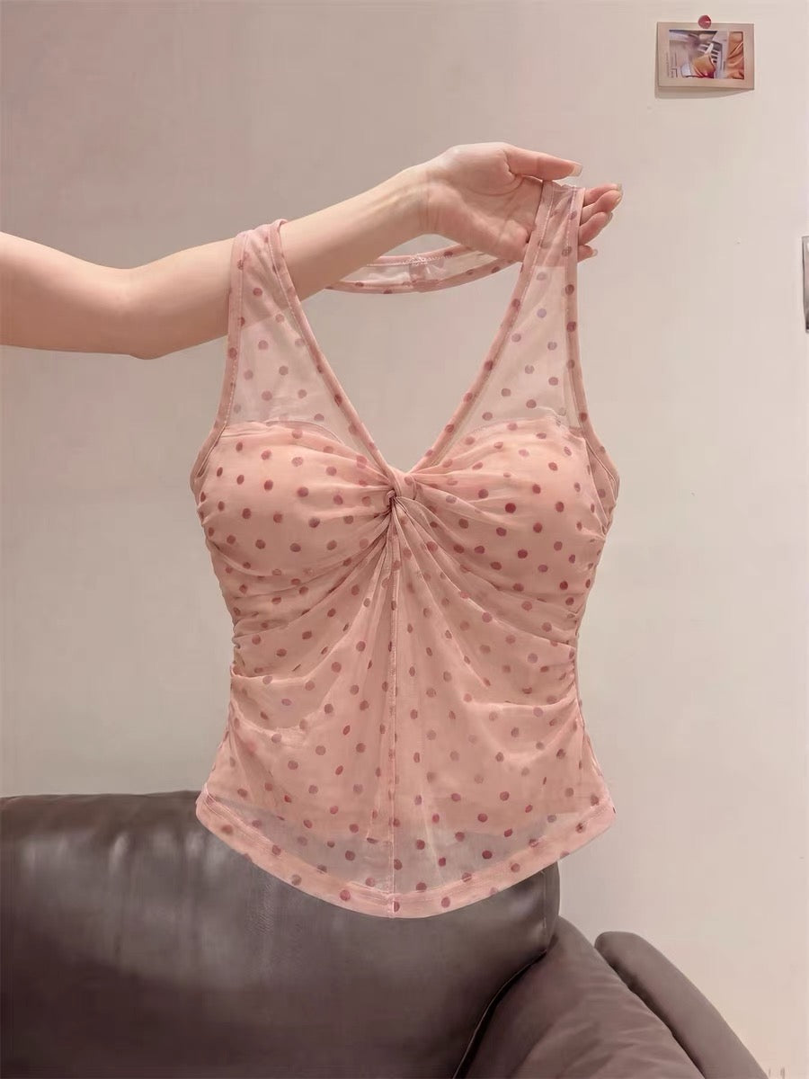 Pink Spicy Halter Neck Polka Dot Twist Camisole Women's Summer American Style Niche Design Sleeveless Short Top
