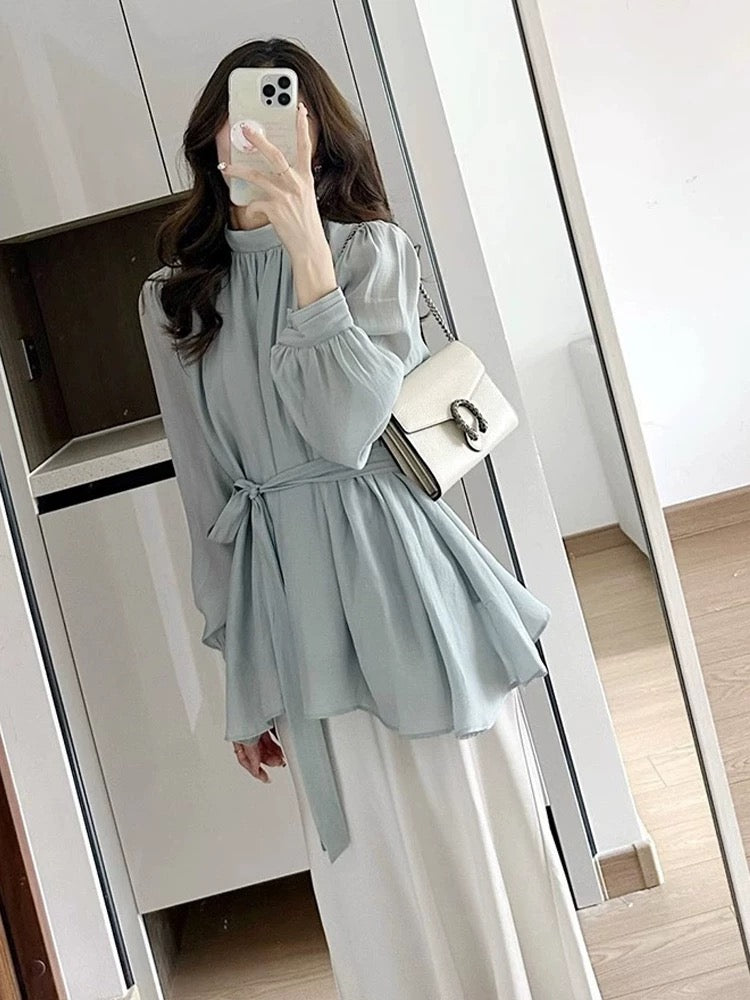 High-end small dress two-piece suit, tea-style temperament, salt-style light mature style shirt, top, half-length skirt, spring