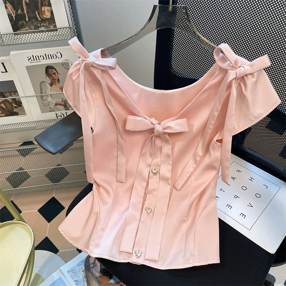 Pink, sophisticated satin shirt with bow tie, unisex, summer style, sweet and elegant, fitted waist, flutter sleeves, tulip-shaped top.