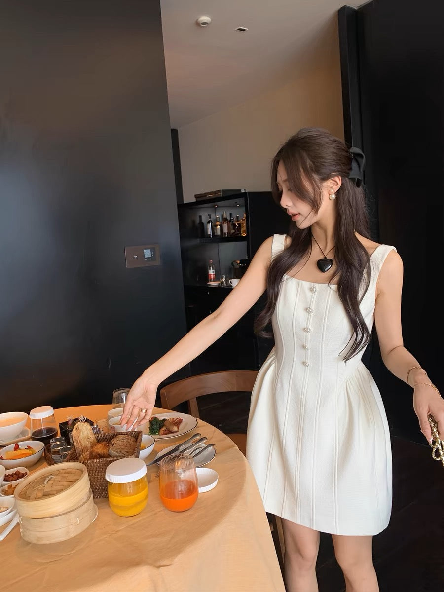 Summer Home Light Luxury Rhinestone Pearl Button French Retro Square Neck Slim A-Line Small Fragrance Dress for Women