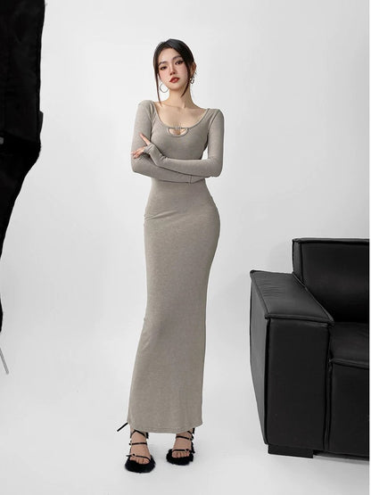 GRACE spring and autumn new brushed hollow square diamond dress women's loose high elastic long-sleeved bottoming hip long skirt