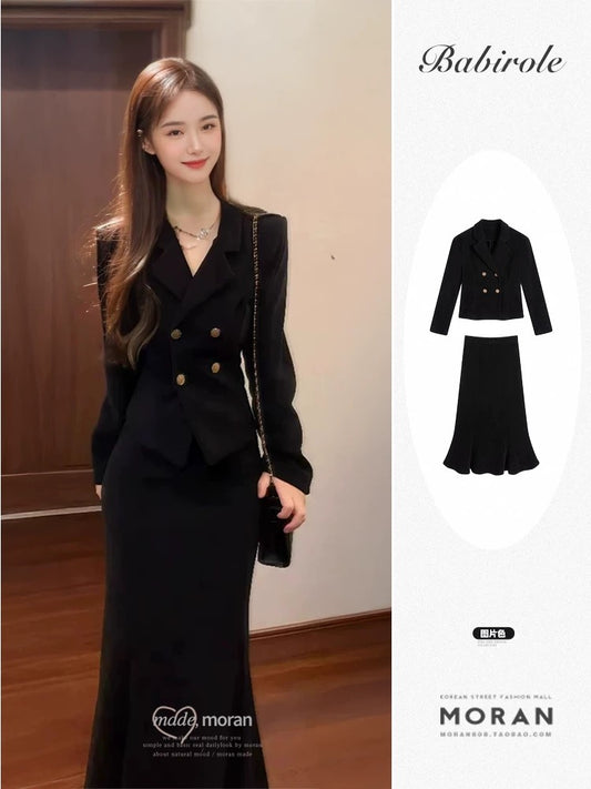 Xiaoxiangfeng Hepburn black high-end suit jacket fishtail skirt two-piece suit Korean drama style complete set