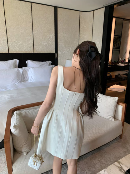 Summer Home Light Luxury Rhinestone Pearl Button French Retro Square Neck Slim A-Line Small Fragrance Dress for Women