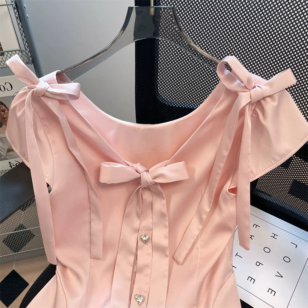 Pink, sophisticated satin shirt with bow tie, unisex, summer style, sweet and elegant, fitted waist, flutter sleeves, tulip-shaped top.