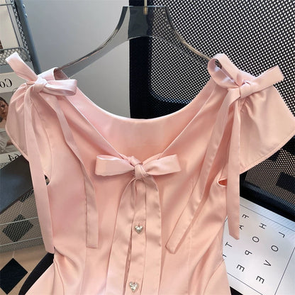 Pink, sophisticated satin shirt with bow tie, unisex, summer style, sweet and elegant, fitted waist, flutter sleeves, tulip-shaped top.