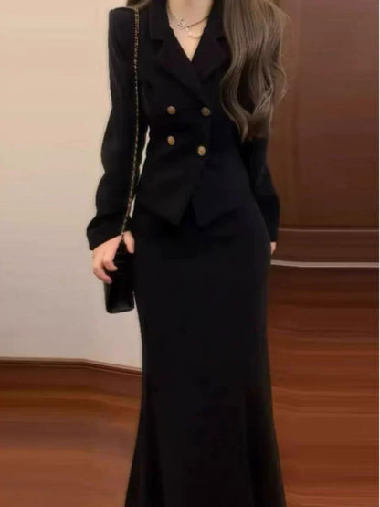 Xiaoxiangfeng Hepburn black high-end suit jacket fishtail skirt two-piece suit Korean drama style complete set