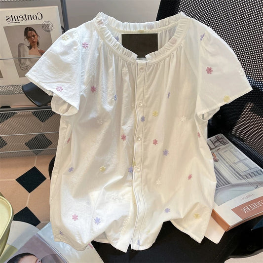 Super cute Korean style sweet colorful floral embroidered shirt, unisex summer stylish ruffled babydoll short-sleeved top
