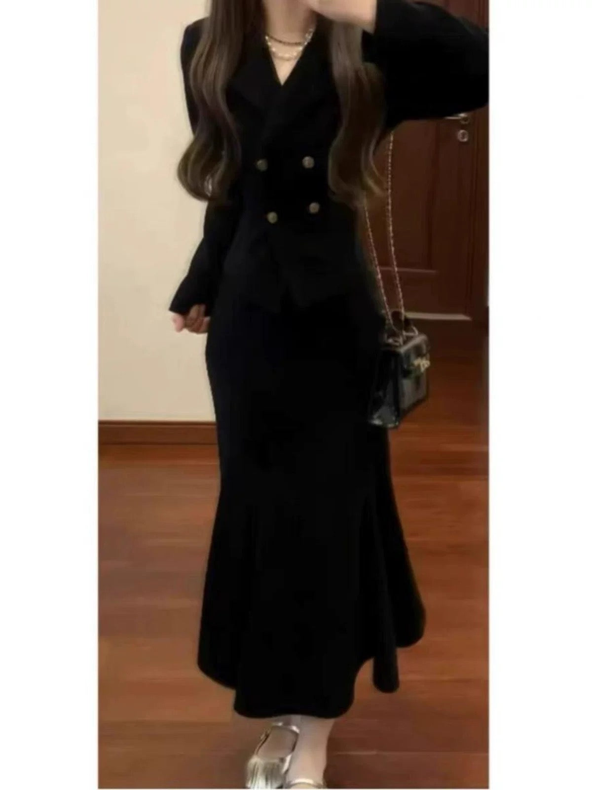 Xiaoxiangfeng Hepburn black high-end suit jacket fishtail skirt two-piece suit Korean drama style complete set