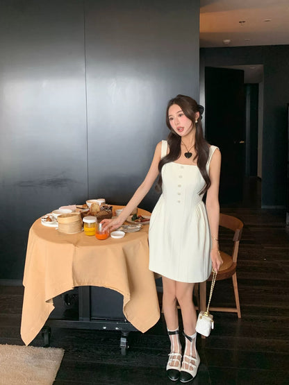 Summer Home Light Luxury Rhinestone Pearl Button French Retro Square Neck Slim A-Line Small Fragrance Dress for Women