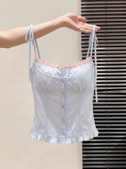 French-style faux two-piece ruffled camisole for women, beautiful and unique summer style, super flattering and slim-fitting short top.