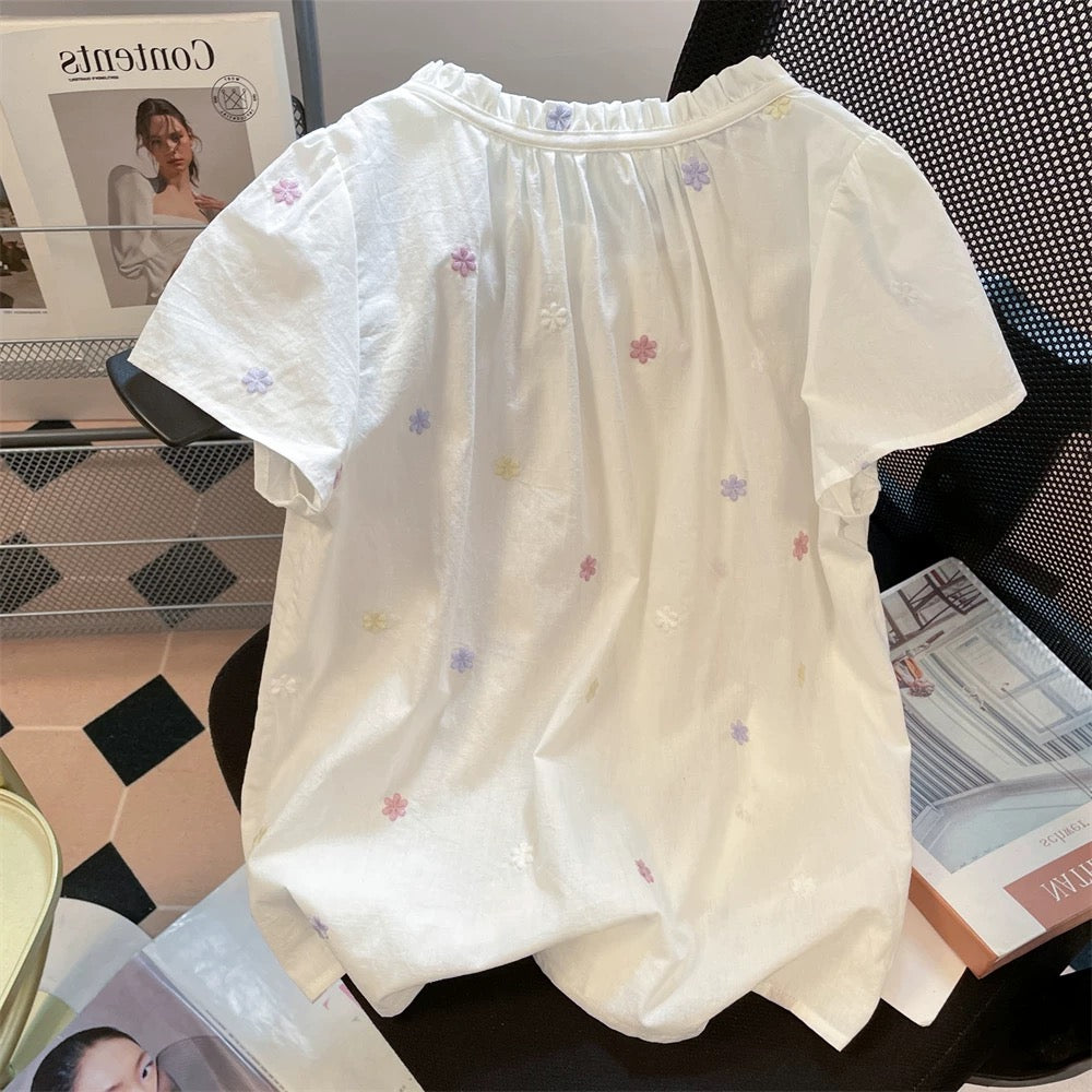 Super cute Korean style sweet colorful floral embroidered shirt, unisex summer stylish ruffled babydoll short-sleeved top