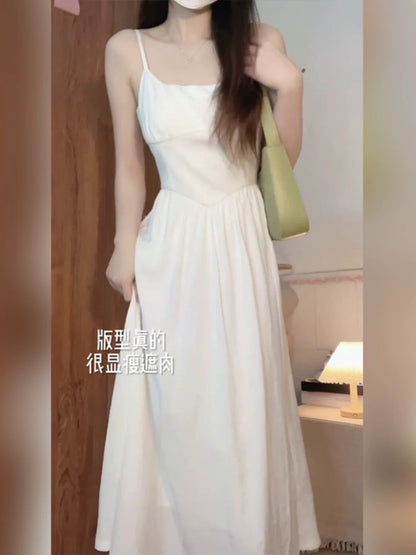 Korean temperament white suspender dress 2025 new summer tea break French style gentle style waist slimming long skirt