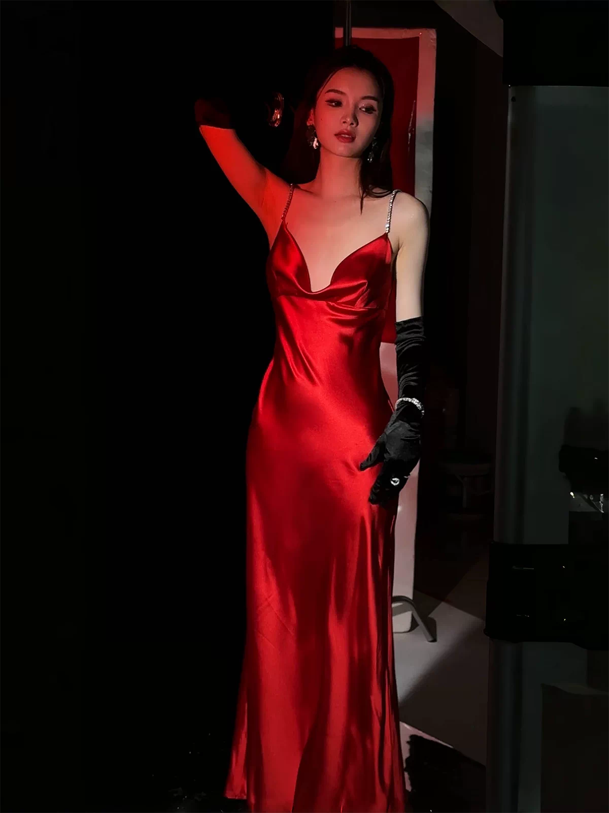 journeyj Original Bright Red Acetate Satin Evening Gown/Slip Dress/Mini Dress for Annual Meetings, Christmas, and Bride