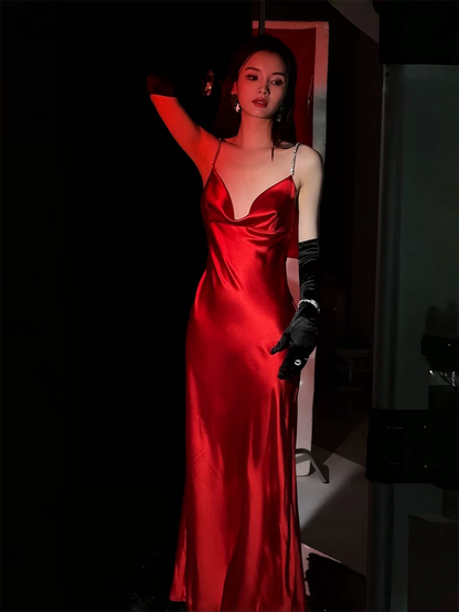 journeyj Original Bright Red Acetate Satin Evening Gown/Slip Dress/Mini Dress for Annual Meetings, Christmas, and Bride