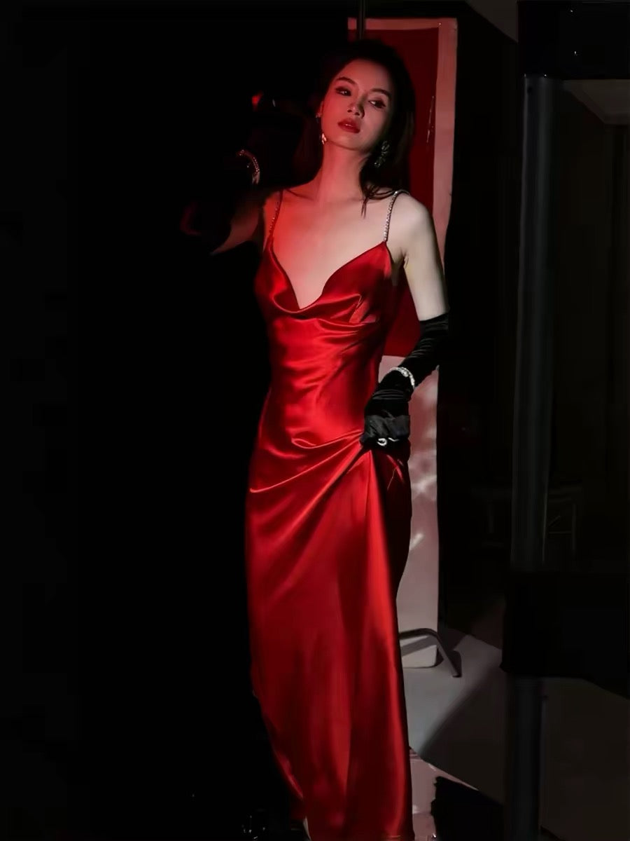 journeyj Original Bright Red Acetate Satin Evening Gown/Slip Dress/Mini Dress for Annual Meetings, Christmas, and Bride