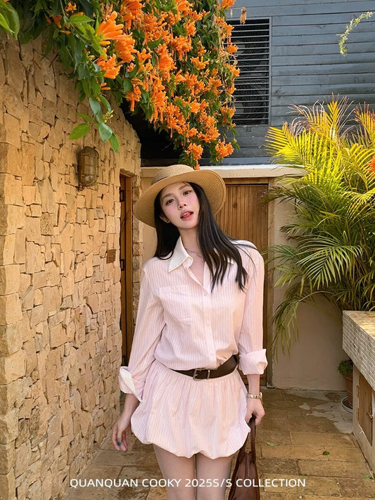 Quan Quan Cooky's Seaside Romance Sweet Girl Outfit: Striped Dress, Korean Style Pink Tulip Shirt Skirt