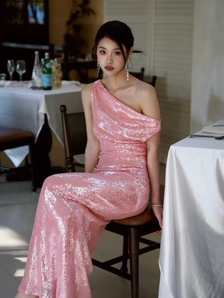Journeyj Pink Sequined Stunning Evening Gown, Long High-End Luxury Dress for Annual Meetings