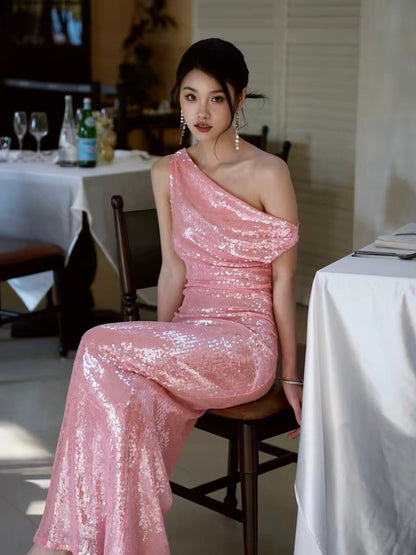 Journeyj Pink Sequined Stunning Evening Gown, Long High-End Luxury Dress for Annual Meetings