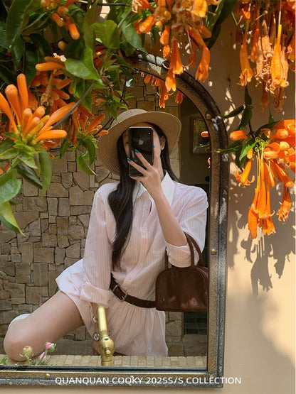 Quan Quan Cooky's Seaside Romance Sweet Girl Outfit: Striped Dress, Korean Style Pink Tulip Shirt Skirt